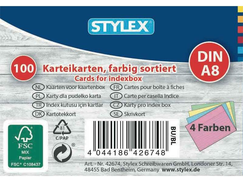 STYLEX Karteikarten, DIN A8, farbig sortiert, 100 Stück, FSC