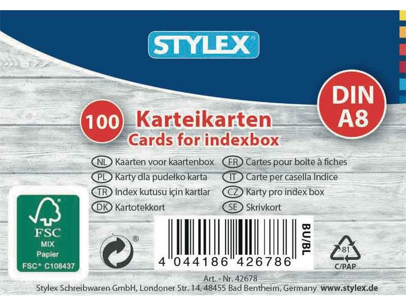 STYLEX Karteikarten, DIN A8, liniert, 100 Stück, FSC