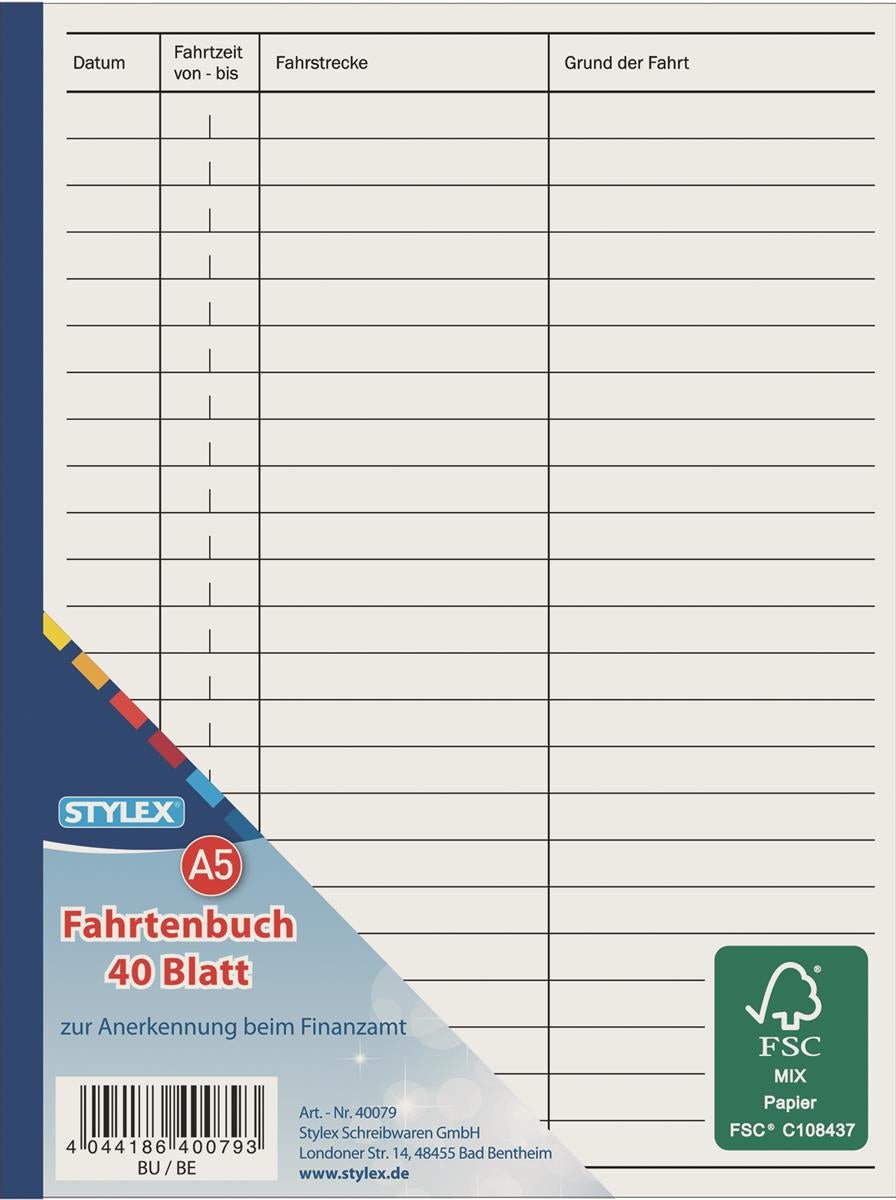 STYLEX Fahrtenbuch DIN A5 40 Blatt von Spielzeughafen